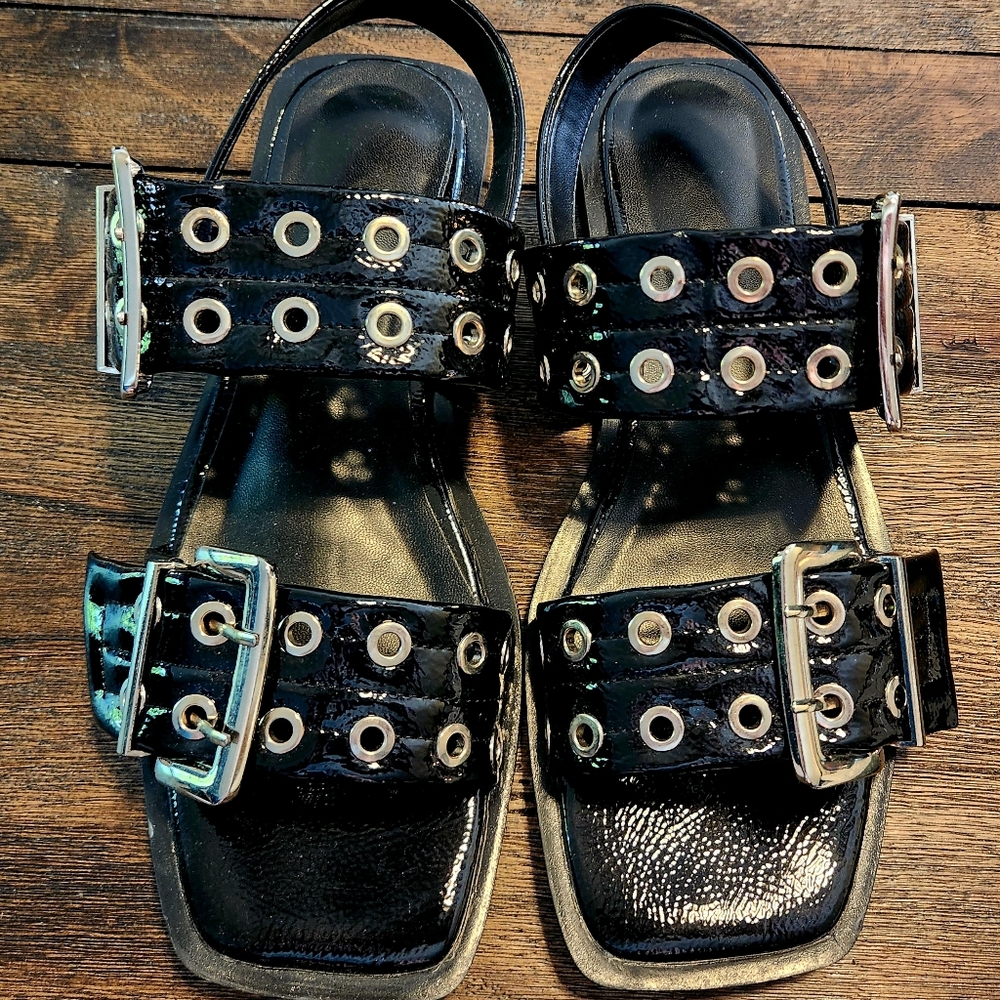 Faux Patent Sandals with Buckles, Grommets, Low heel, EUC